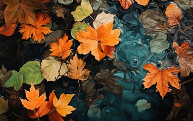A bed of autumn leaves in rich shades of orange and a single green leaf.