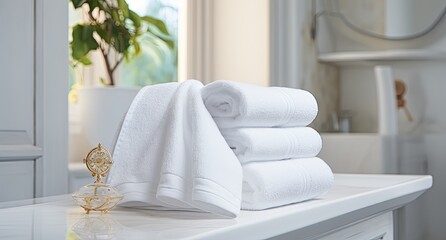 Fresh white towels on a counter in a bright bathroom, perfect for spa and hospitality themes.