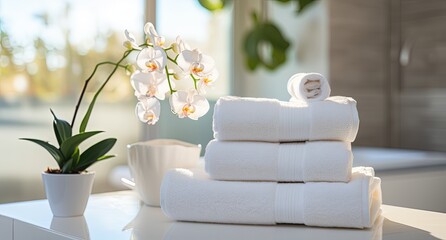 Fototapeta na wymiar Fresh white towels on a counter in a bright bathroom, perfect for spa and hospitality themes.