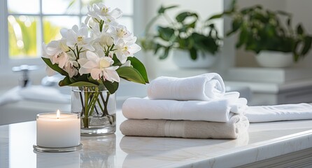 Obraz na płótnie Canvas Fresh white towels on a counter in a bright bathroom, perfect for spa and hospitality themes.