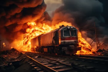 Foto op Canvas Train Disaster: Fire and Accident on the Railway Line, Smoke and Flames Engulfing the Scene, Emergency Response and Rescue Operations Underway.   © Mr. Bolota