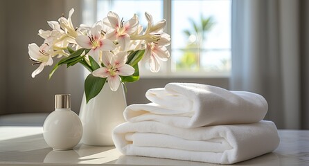 Obraz na płótnie Canvas Fresh white lilies next to fluffy towels in a serene spa setting. Ideal for spa, wellness, and hospitality marketing.