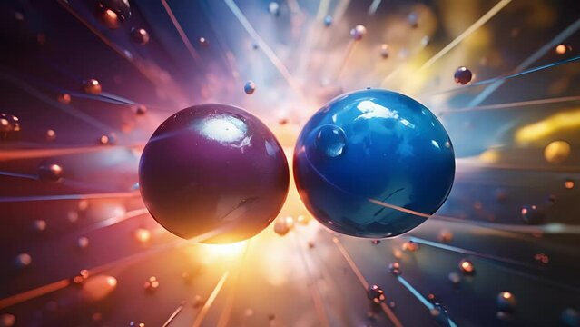 Closeup of a colorful collision, where a charm quark and an anticharm quark exchange a force carrier particle, the W boson, in a strong interaction.