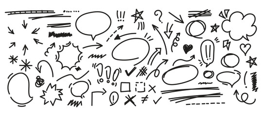 Set of cute pen line doodle element vector. Hand drawn doodle style collection of speech bubble, arrow, firework, star, heart, thunderbolt. - obrazy, fototapety, plakaty