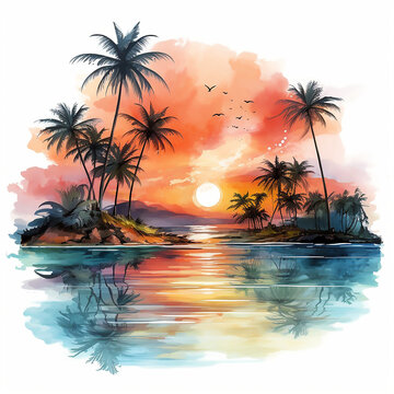 hawaii twilight paradise seascape caribbean resort dawn palm shore watercolor wave sunrise 