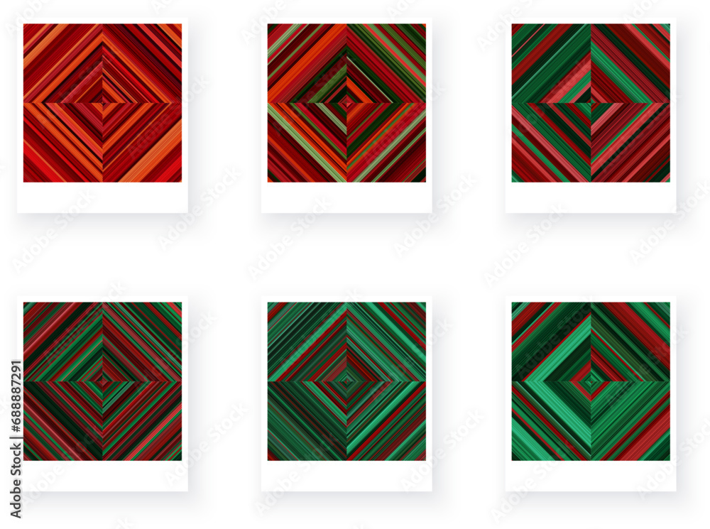 Aufkleber variants of paper card with square checkered striped geometric patterns. thin red, green stripes.
