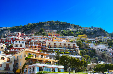 Fototapeta na wymiar Colorful architecture in Amalfi coast with deep blue sky background 