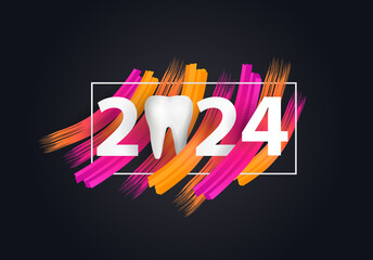 happy new year 2024. 2024 with tooth sign.
 - obrazy, fototapety, plakaty