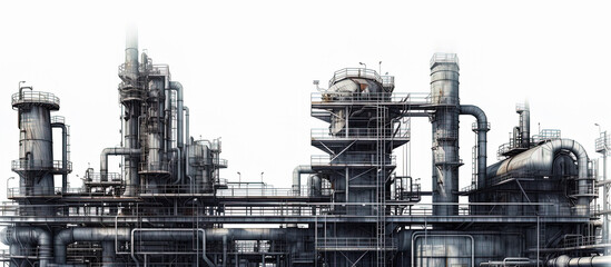 Fototapeta premium Industrial area with steel infrastructure on white background, Double exposure. Technical black and white drawing. Generative AI