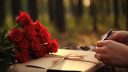 Valentine's Love: Man Expresses Love, Surprising His Partner with Red Roses and a Handwritten Love Note on a Romantic Valentine's Morning.

