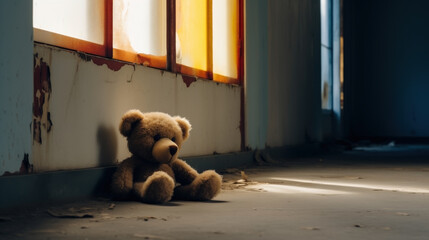 Lonely forgotten stuffed bear toy sitting against an empty room with morning sunlight and shadows against the wall, sad broken spirit waiting for someone to pick him up and take to a new home.