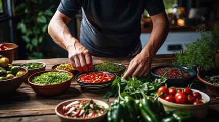 Authentic Mexican Spice: Culinary Artistry Unleashed as a Chef Prepares Traditional Mexican Dishes, Adding Fresh Chili Peppers for an Unforgettable Spicy Kick.


