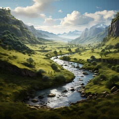 Fototapeta na wymiar Tranquil river winding through a valley surrounded by lush greenery