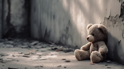 Lonely stuffed bear toy sitting against an empty abandoned building room wall, sad broken spirit waiting for someone to pick him up and take home. 