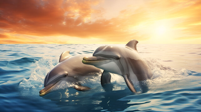 dolphin jumping at sunset,Dolphin Delight. Captivating Sea Jump .HD Animal Wallpaper.AI Generative 