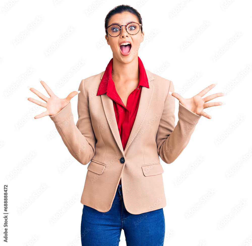 Sticker young beautiful woman wearing business shirt and glasses celebrating crazy and amazed for success wi