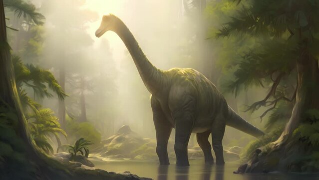A Brachiosaurus dipping its long neck to browse treetops.. .