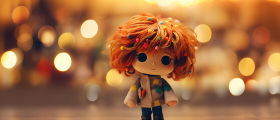 Ginger red hair toy doll dressed cozy and warm with knitted stuffed wool felt jacket jersey exploring the lively Manhattan city streets with decorated Christmas lights background.