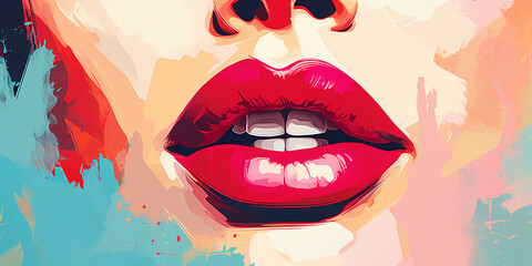 painting abstract art of female pink red lips mouth. ai generative - obrazy, fototapety, plakaty