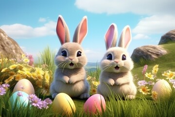 Cute Easter Bunny with easter eggs. Holiday Background Generative ai