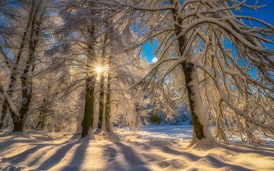 Winter Whispers, Enchanting Snow-Kissed Woodland Landscape Captures the Majestic Beauty of a Serene Frozen Forest Scene