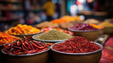 Heat Seekers' Paradise: A Journey Through Mexico's Market of Colorful Stalls Offering Chillies with Diverse Spicy Levels. - obrazy, fototapety, plakaty