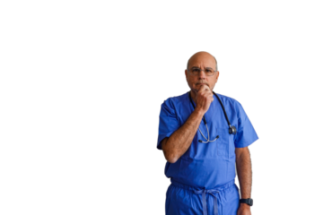 Isolated bald old male caucasian in blue scrubs with stethoscope around his neck with his hand on his chin thinking