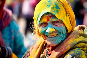 Fototapeta premium Dancing Colors of Holi: Witness the Cultural Extravaganza as a Joyful Indian Woman, with a Colored Face, Engages in Traditional Dance Amidst the Festive Celebrations.