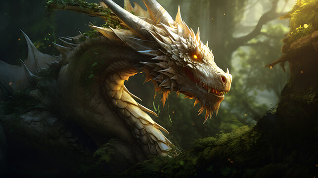 Enchanting Forest Dragon.A New Year's Fantasy,dragon with a green background and a dark background.AI Generative 