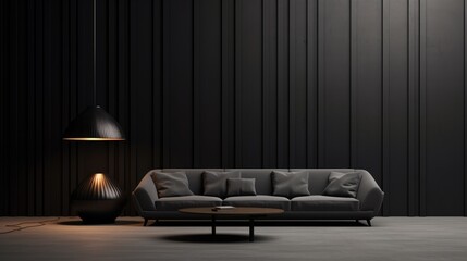 Black wall and black furniture in front of light fixture.