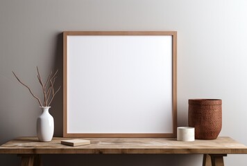 Empty white frame on top of a wooden table.