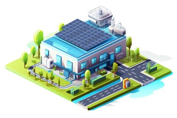 Isometric ecology small factory manufacture building with solar cell on roof for save energy system for modern industrial applications, white background.
