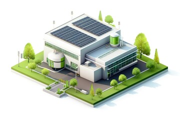 Isometric ecology small factory manufacture building with solar cell on roof for save energy system for modern industrial applications, white background.