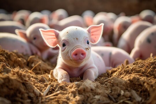 Adorable Farm Scene: A Poultry Farm Welcomes a Cute Baby Pig - A Heartwarming Display of Agriculture, Featuring Young Swine in a Cozy Barn Pen.

