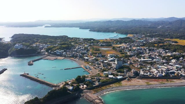 4k Aerial View, Beautiful Seaside Town in Osatsu Japan