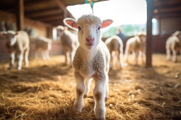Charming Farm Ambiance: A Poultry Farm Welcomes a Cute Baby Sheep - A Heartwarming Display of Agriculture, Featuring Young Lambs in a Cozy Barn Pen.

