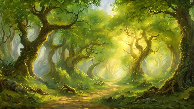 winding paths Rivendell lead through magical forest ancient trees, their gnarled branches stretching towards sky. Sunbeams filter through emerald canopy, casting patches 2d animation