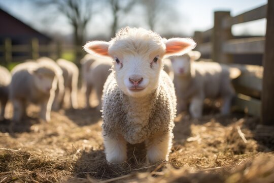 Charming Farm Ambiance: A Poultry Farm Welcomes a Cute Baby Sheep - A Heartwarming Display of Agriculture, Featuring Young Lambs in a Cozy Barn Pen.

