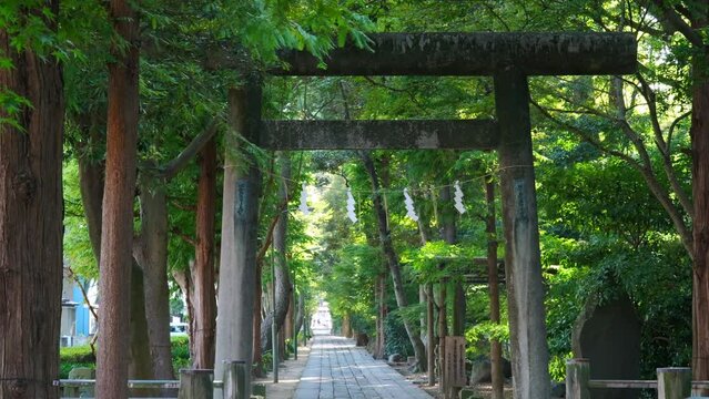 Stone gateway at entrance of Japanese shinto shrine on an breezy autumn day.