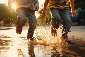 A group of children are seen playing in nature, wearing rain boots and some waterproof clothing, jumping and splashing in the muddy ground | Exploring Nature with Galoshes and Raincoats  - obrazy, fototapety, plakaty