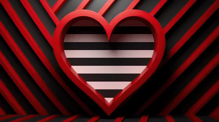 Fotobehang Red and black heart outline over a white and black striped heart center. Over a black background. Valentine's Day Card. © berkeley