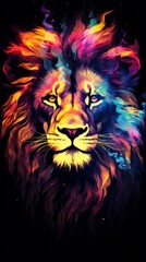 Lion. The head of a lion in a multi-colored flame. Abstract multicolored profile portrait of a lion head on a black background