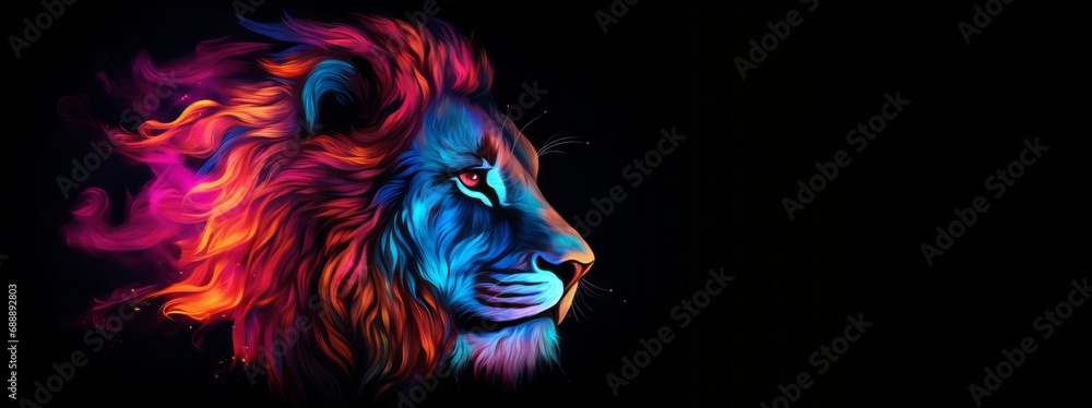 Poster lion. the head of a lion in a multi-colored flame. abstract multicolored profile portrait of a lion 
