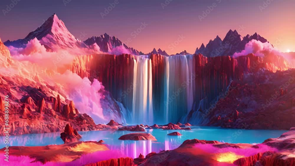 Poster behind horizon, holographic mountain range came alive with mesmerizing display glitchedout waterfall