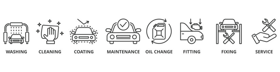 Car care banner web icon vector illustration concept with icon of washing, cleaning, coating, maintenance, oil change, fitting, fixing and service - obrazy, fototapety, plakaty