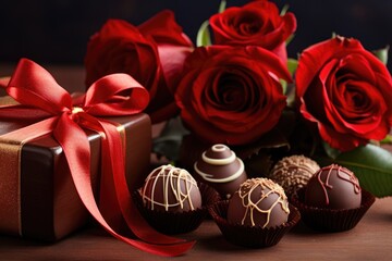 Obraz na płótnie Canvas Sweet Valentine's Romance: Explore the Popularity of Chocolates, Roses, and Gifts on Valentine's Day, Iconic Symbols Symbolizing Sweetness and Indulgence in Love.