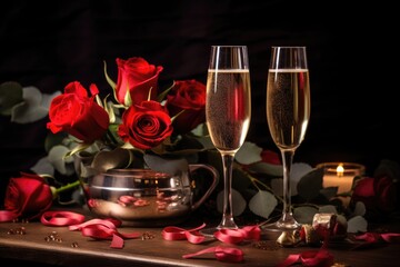 Elegant Celebration: Witness the Romantic Ambiance as Champagne Glasses Await a Toast on a Dinner Table Overflowing with Roses and Valentine's Day Decorations.




