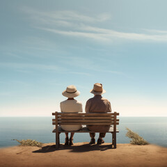  Rear view of mature couple sitting on bench overlooking the Ocean.