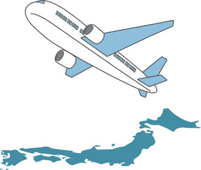 日本地図と飛び立つ飛行機