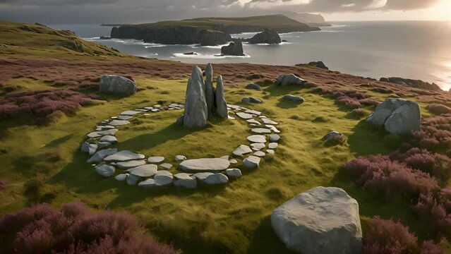 Surrounded rugged landscape heather cliffs, Stone Circles Callanish hold court windswept hilltop, their mosscovered stones stretching towards horizon mesmerizing display 2d animation